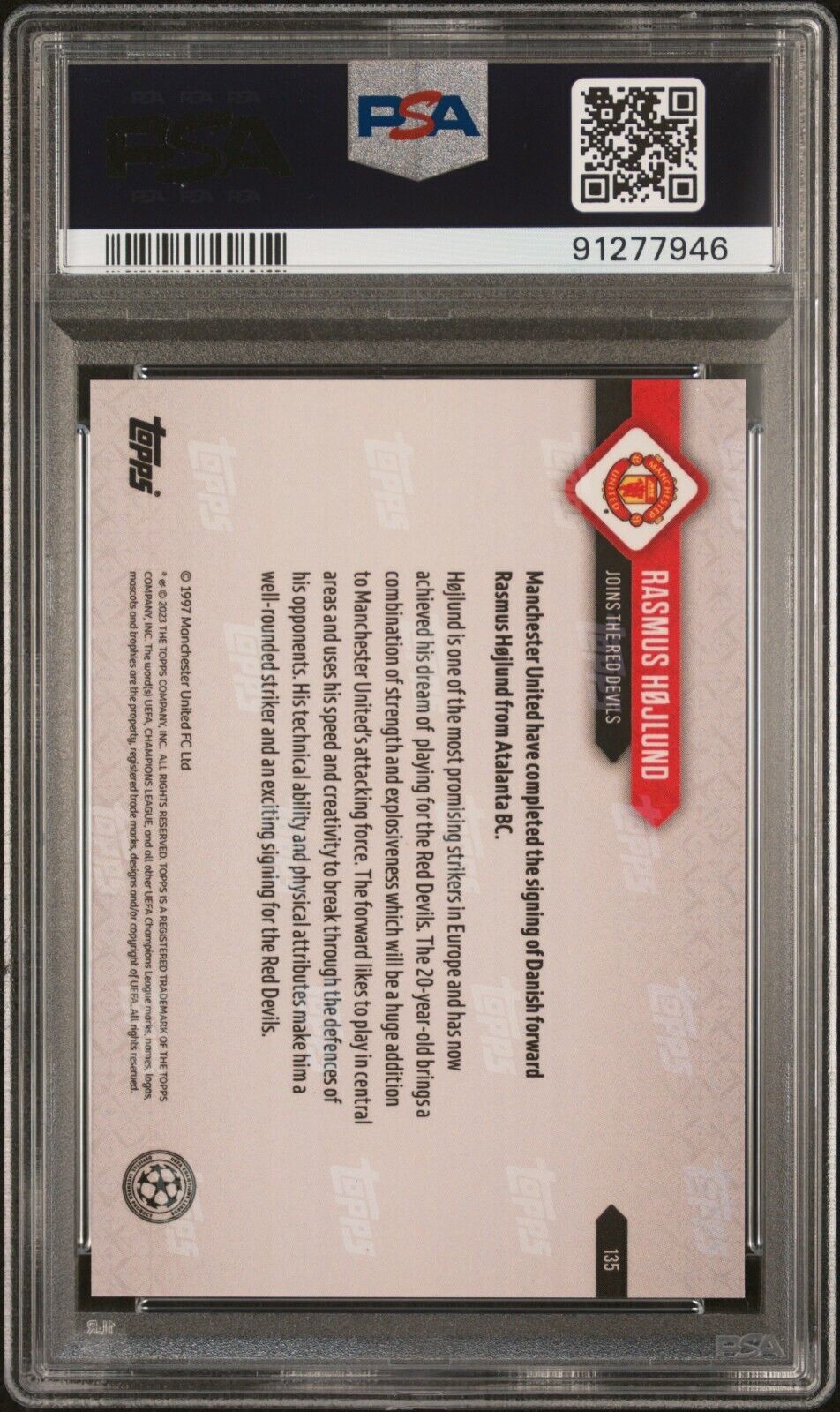 2022 TOPPS NOW UEFA CHAMPIONS LEAGUE RASMUS HOJLUND 135 PURPLE PSA 9 /99