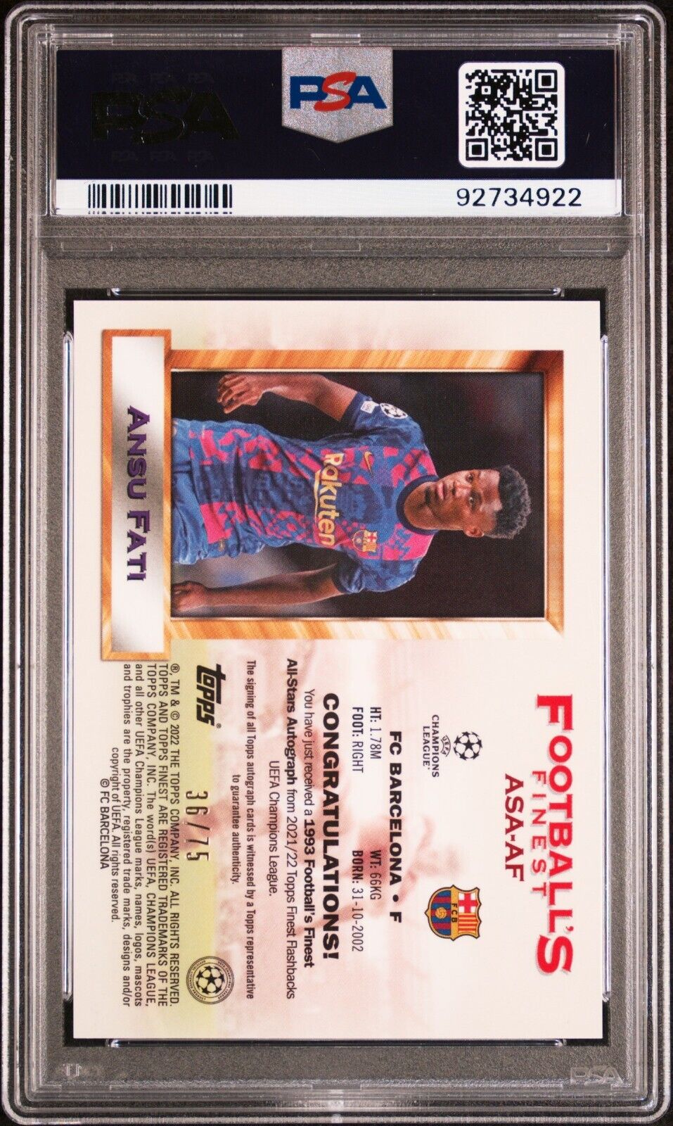 2021-22 TOPPS FINEST UEFA 1993 ALL-STAR AUTOGRAPHS ANSU FATI PSA 10 /75