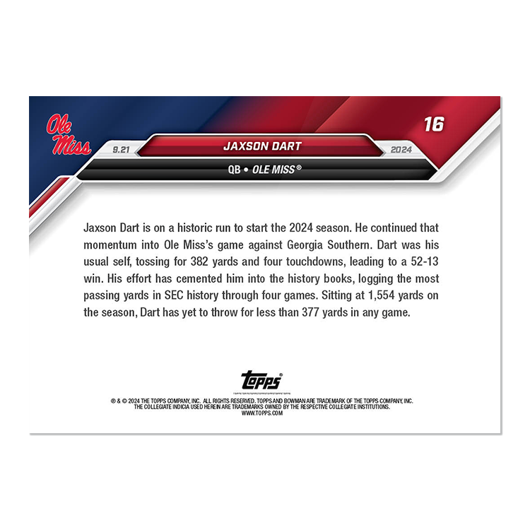 Jaxson Dart - 2024 Bowman U Now® Football Card 16
