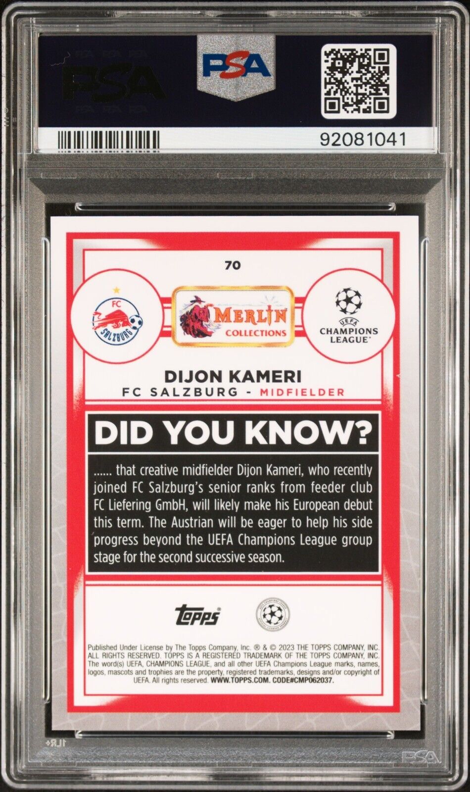 2022-23 TOPPS MERLIN CHROME UEFA DIJON KAMERI NEON GREEN SHIMMER PSA 10 /350
