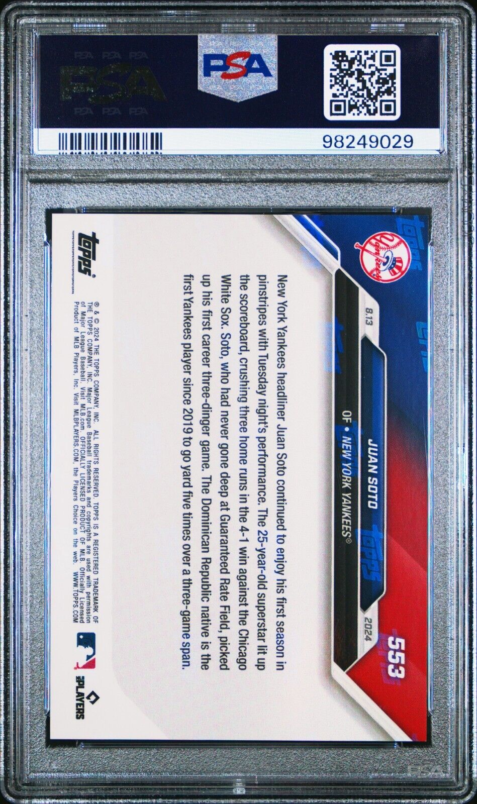 2024 TOPPS NOW 553 JUAN SOTO BLUE PSA 10 /49