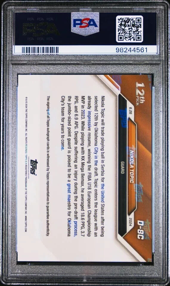 2024 TOPPS NOW DRAFT D8C NIKOLA TOPIC AUTOGRAPH-PURPLE  PSA 10 /25