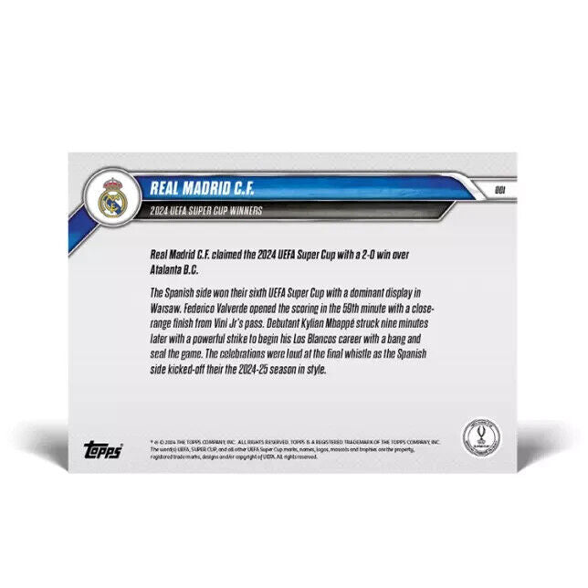 2024 TOPPS NOW UEFA Super Cup Winners Real Madrid C.F.