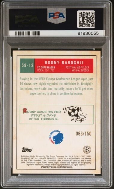 2022-23 TOPPS CHRME UEFA ROONY BARDGHJI 59-12 1959 TOPPS-BLUE RFRCTR PSA 10 /150