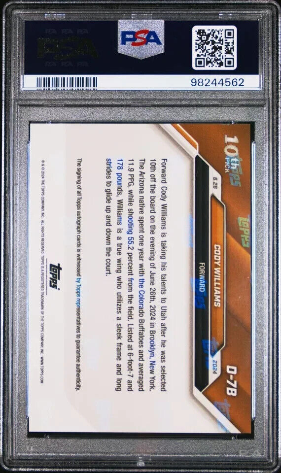 2024 TOPPS NOW DRAFT D7B CODY WILLIAMS AUTOGRAPH-BLUE PSA 10 /49