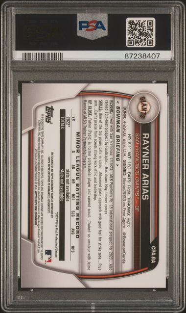 2023 BOWMAN CHROME PROSPECT AUTOGRAPHS RAYNER ARIAS CPARA PROSPECT AUTOGRAPH PSA MINT 9