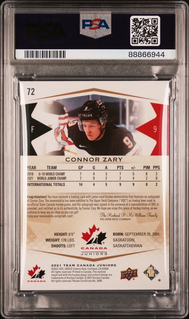 2021-2022 UPPER DECK TEAM CANADA JUNIORS CONNOR ZARY 72 AUTO-PATCH PSA 6 /25