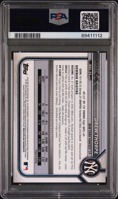 2022 BOWMAN DRAFT DREW THORPE BDC25 CHROME-BLUE REFRACTOR PSA MINT 9
