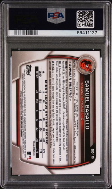 2023 BOWMAN DRAFT SAMUEL BASALLO BDC179 CHR-YLW LUNAR CRATER REF PSA MINT 9 /75
