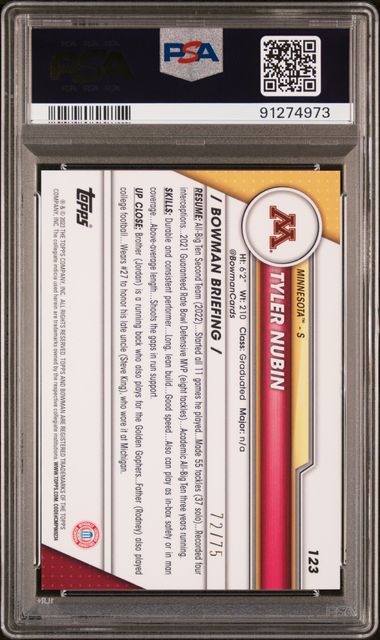 2023 BOWMAN UNIVERSITY CHROME SAPPHIRE TYLER NUBIN 123 YELLOW PSA GEM MT 10 /75