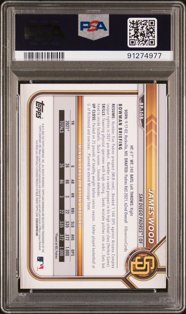 2022 BOWMAN PAPER PROSPECTS JAMES WOOD BP108 PAPER PROSPECTS-BLUE PSA NM-MT 8