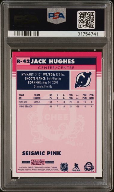 2020 O-PEE-CHEE PLATINUM RETRO JACK HUGHES R42 RETRO-SEISMIC PINK PSA NM 7