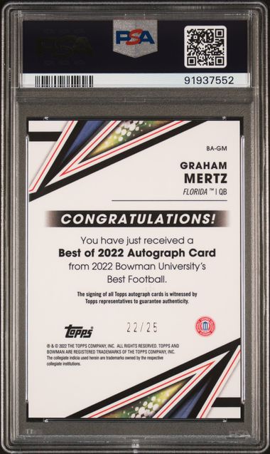 2022 BOWMAN UNIVERSITY BEST OF 2022 AUTO GRAHAM MERTZ BAGM SPECKLE PSA 10 /25
