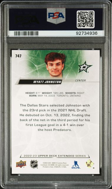 2022 UPPER DECK WYATT JOHNSTON 1st ROUND DRAFT 747 PSA GEM MT 10