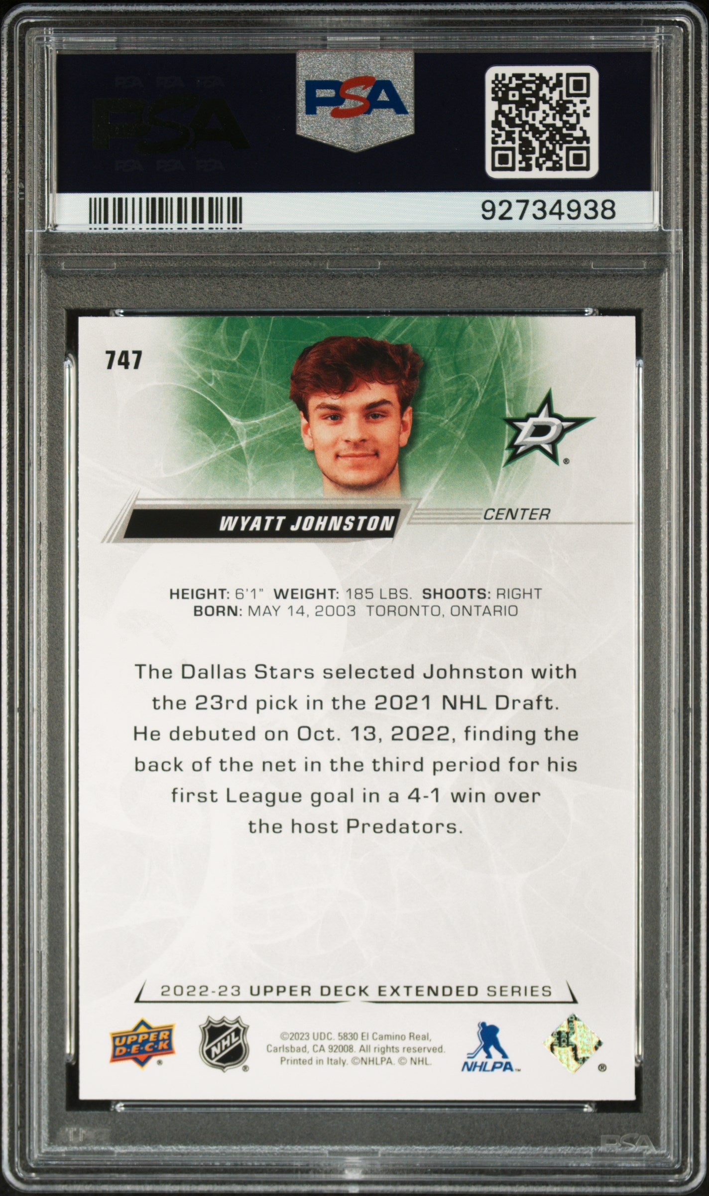 2022 UPPER DECK WYATT JOHNSTON 747 PSA NM-MT 8