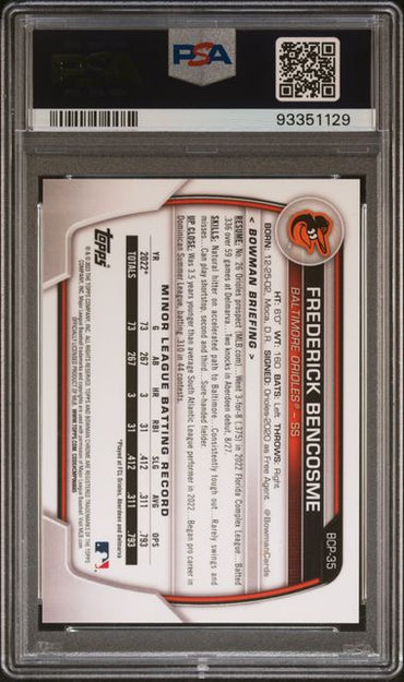 2023 BOWMAN CHROME PROSPECTS FREDERICK BENCOSME BCP35 BLUE SHIMMER PSA 10 /150