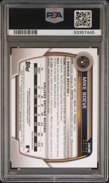 2023 BOWMAN DRAFT CHROME PROSPECT AUTOGRAPH MIKE BOEVE CDAMB CH.PROS.AU-SPARKLE PSA GEM MT 10