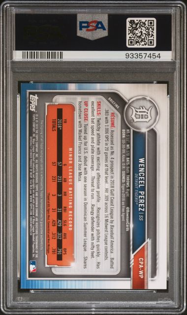 2019 BOWMAN CHROME PROSPECTS AUTOS WENCEEL PEREZ CPAWP PURPLE REF. PSA 10 /250