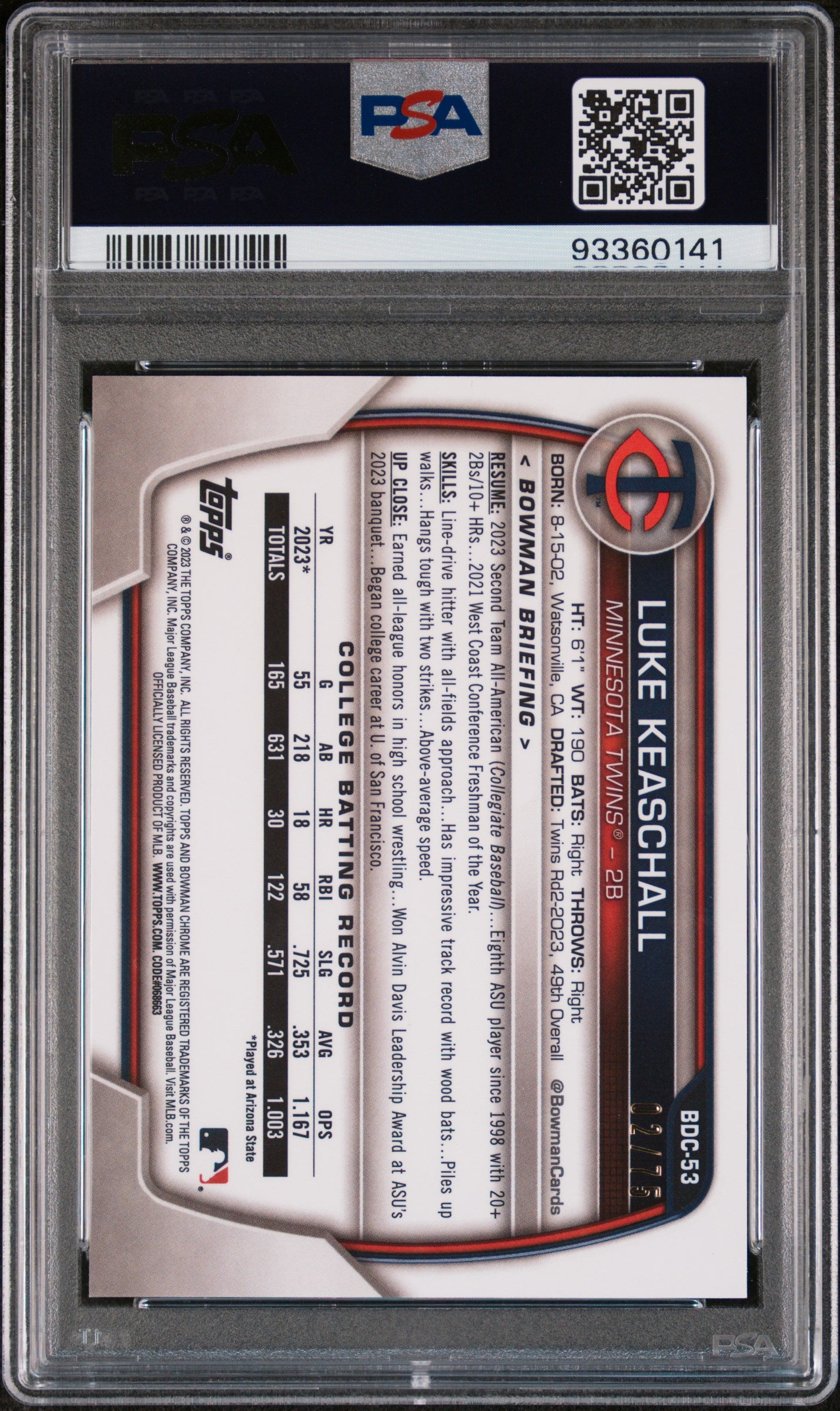 2023 BOWMAN DRAFT SAPPHIRE EDITION LUKE KEASCHALL BDC53 YELLOW PSA GEM MT 10