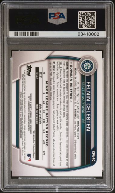 2023 BOWMAN CHROME PROSPECT AUTOS FELNIN CELESTEN CPAFC PURPLE REF PSA 9 /250