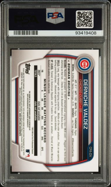 2023 BOWMAN CHROME PROSPECT AUTOS DERNICHE VALDEZ CPA-DV GREEN REF PSA 10 /99