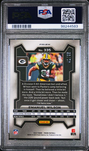 2023 PANINI PRIZM EMANUEL WILSON 335 NO HUDDLE BLUE PSA MINT 9 /95