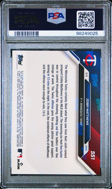 2024 TOPPS NOW ZEBBY MATTHEWS 551 BLUE PSA GEM MT 10 /49