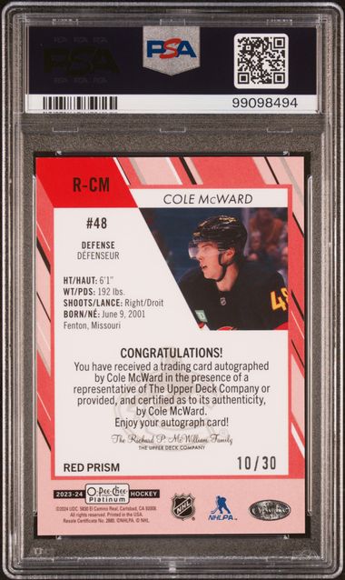 2023 O-PEE-CHEE PLATINUM ROOKIE AUTOGRAPHS COLE MCWARD RCM ROOKIE AUTOGRAPH-RED PRISM PSA NM-MT 8