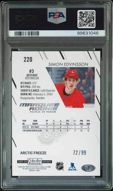 2023 O-PEE-CHEE PLATINUM SIMON EDVINSSON 220 ARCTIC FREEZE PSA MINT 9 /99