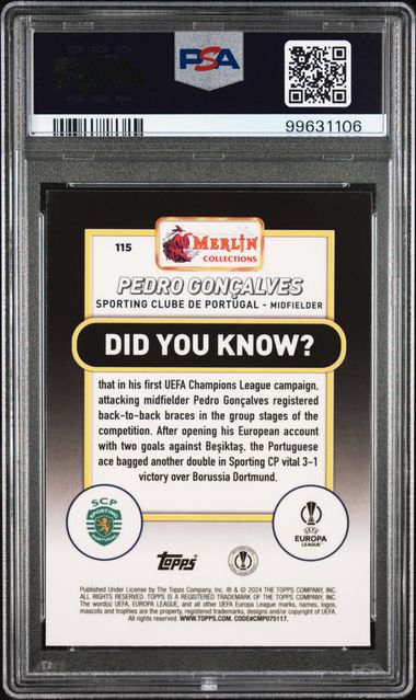 2023-24 TOPPS MERLIN UEFA CLUB COMPETITIONS PEDRO GONCALVES 115 ROSE GOLD SHIMMER PSA 9 /299