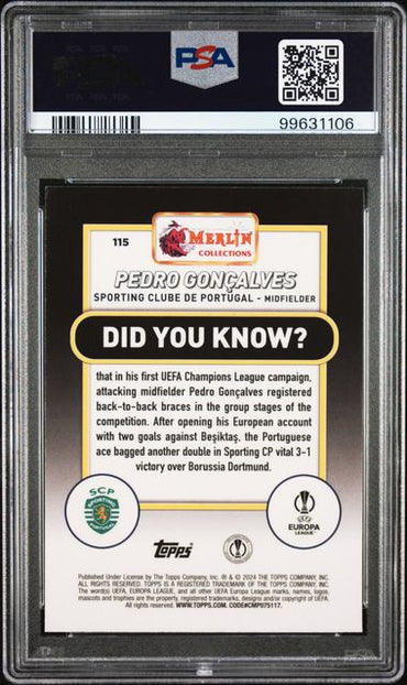 2023-24 TOPPS MERLIN UEFA CLUB COMPETITIONS PEDRO GONCALVES 115 ROSE GOLD SHIMMER PSA 9 /299