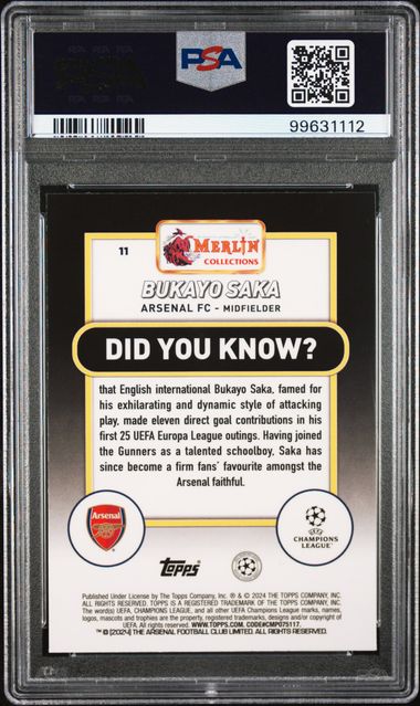 2023-24 TOPPS MERLIN UEFA CLUB COMPETITIONS BUKAYO SAKA   11  NEON GREEN SHIMMER PSA GEM MT 10  /399