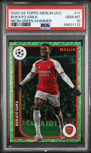 2023-24 TOPPS MERLIN UEFA CLUB COMPETITIONS BUKAYO SAKA   11  NEON GREEN SHIMMER PSA GEM MT 10  /399