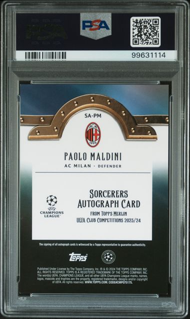 2023-24 TOPPS MERLIN UEFA C.C. SORCERERS AUTOS PAOLO MALDINI MOJO REF PSA 9 /99