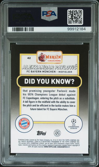 2023-24 TOPPS MERLIN UEFA CLUB COMPETITIONS ALEKSANDAR PAVLOVIC   42  NEON GREEN SHIMMER PSA GEM MT 10  /399