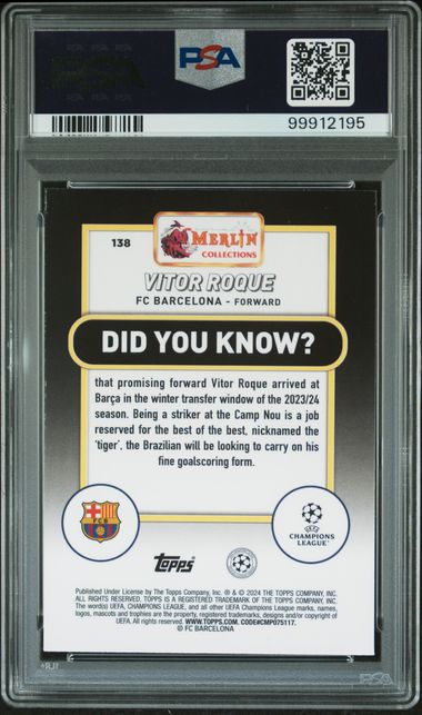 2023-24 TOPPS MERLIN UEFA CLUB COMPETITIONS VITOR ROQUE 138 ATOMIC PSA MINT 9 /250