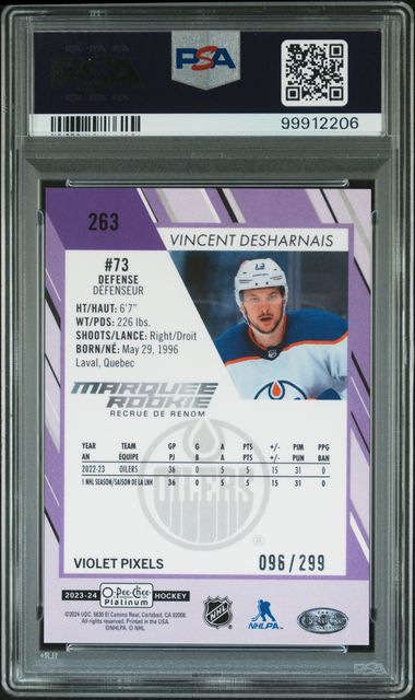 2023 O-PEE-CHEE PLATINUM VINCENT DESHARNAIS 263 VIOLET PIXELS PSA MINT 9 /299