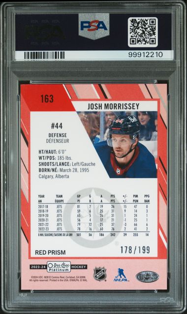 2023 O-PEE-CHEE PLATINUM JOSH MORRISSEY 163 RED PRISM PSA GEM MT 10 /199