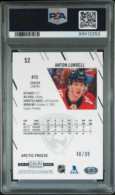 2023 O-PEE-CHEE PLATINUM ANTON LUNDELL 52 ARCTIC FREEZE PSA MINT 9 /99