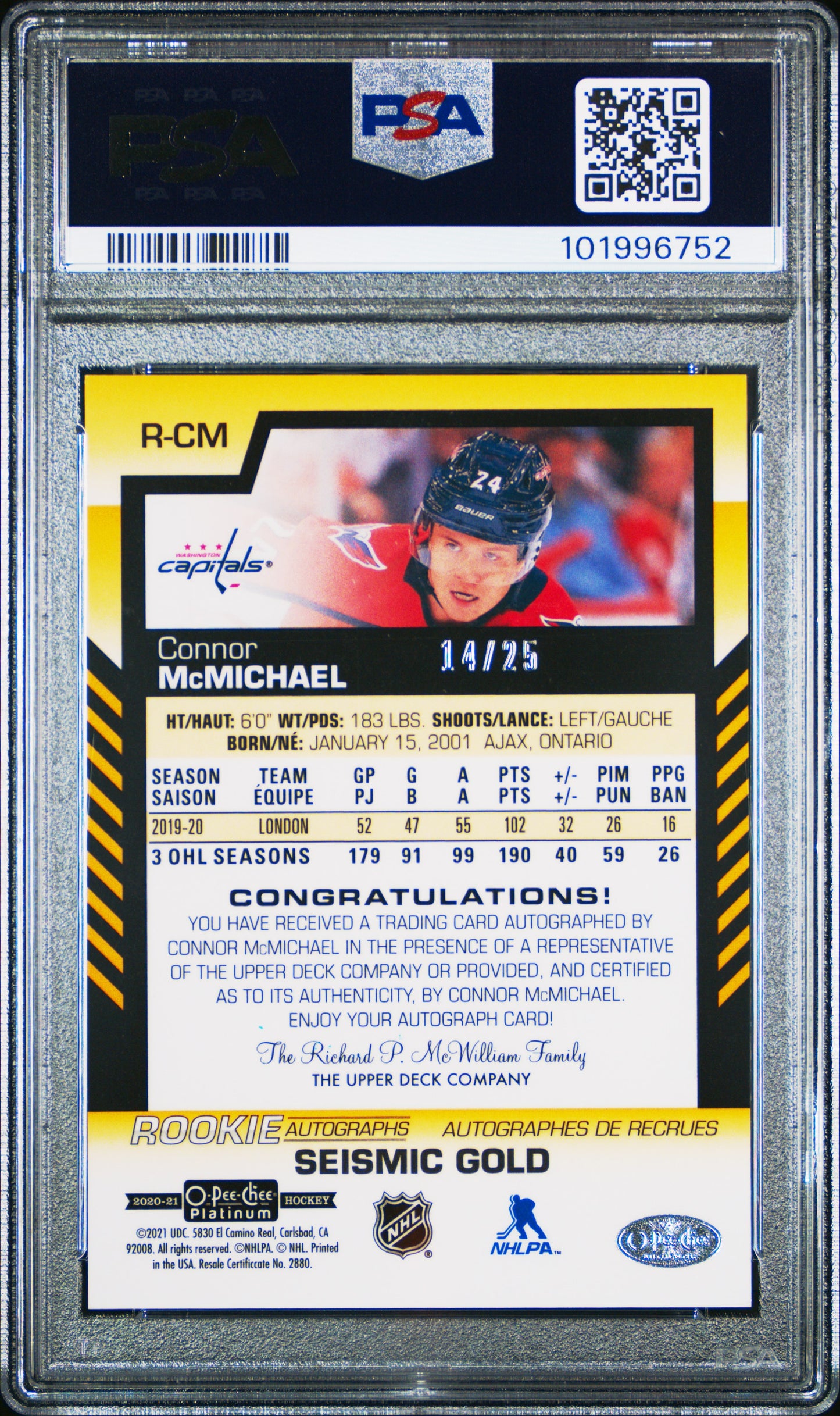 2020 O-PEE-CHEE PLATINUM ROOKIE AUTOS CONNOR McMICHAEL RCM SEISMIC GOLD PSA 9