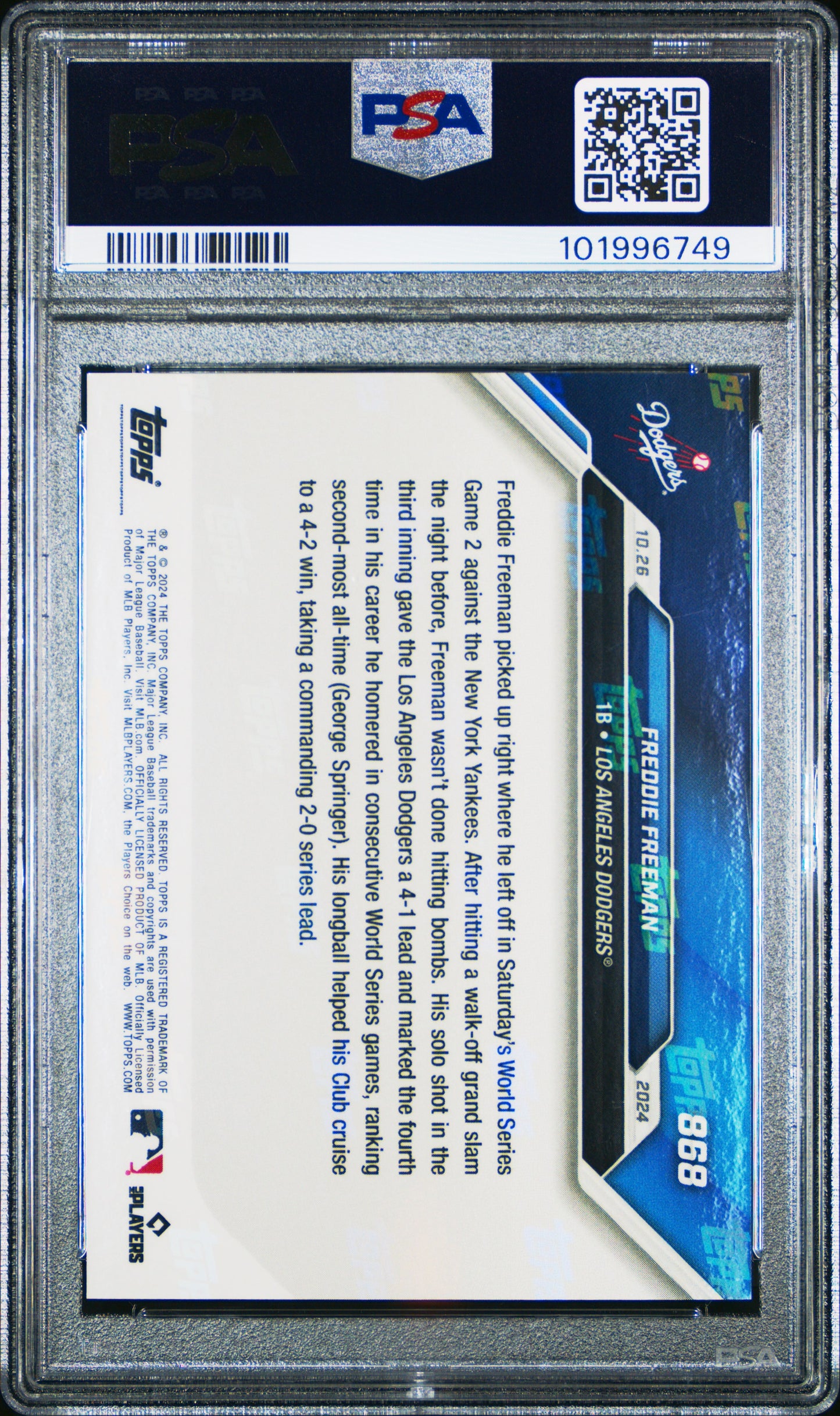 2024 TOPPS NOW FREDDIE FREEMAN 868 PURPLE PSA GEM MT 10 /25