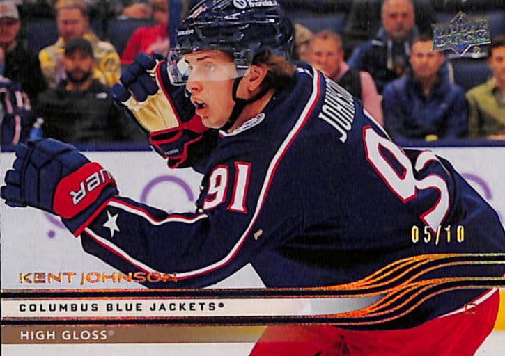 Kent Johnson 2025-26 Upper Deck Series 1 High Gloss #48 blue Jackets /10