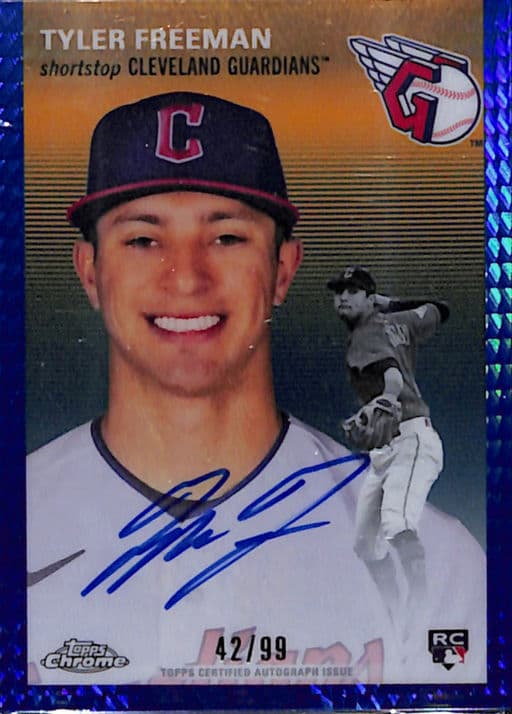 Tyler Freeman 2023 Topps Chrome CPA-TF Blue Prizm RC AUTO Guardians /99
