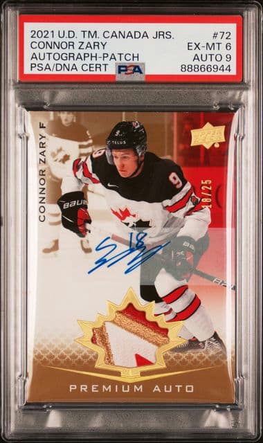 2021-2022 UPPER DECK TEAM CANADA JUNIORS CONNOR ZARY 72 AUTO-PATCH PSA 6 /25