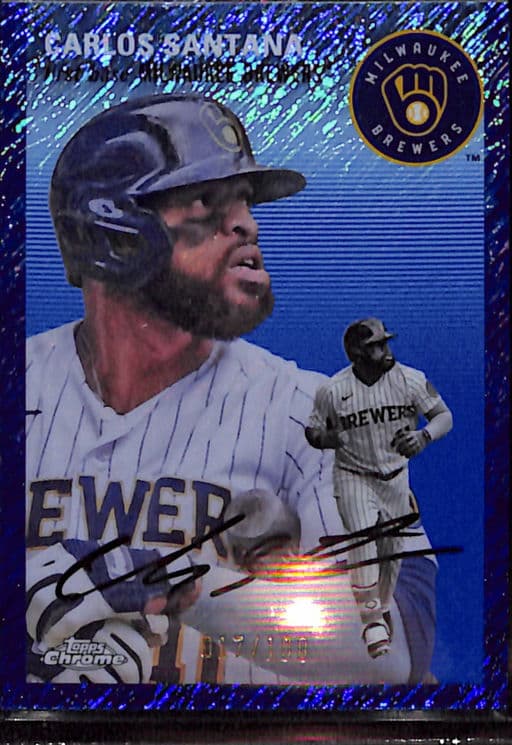 2023 Topps Chrome Blue Shimmer Milwaukee Brewers Carlos Santana Auto #391 /100