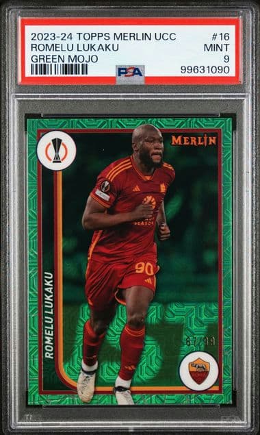 2023-24 TOPPS MERLIN UEFA CLUB COMPETITIONS ROMELU LUKAKU 16 GREEN MOJO PSA9 /99