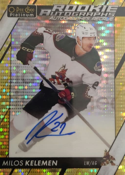 2023-24 O-Pee-Chee Rookie Autographs Seismic Gold Arizona Coyotes Milos Kelemen R-KE /25