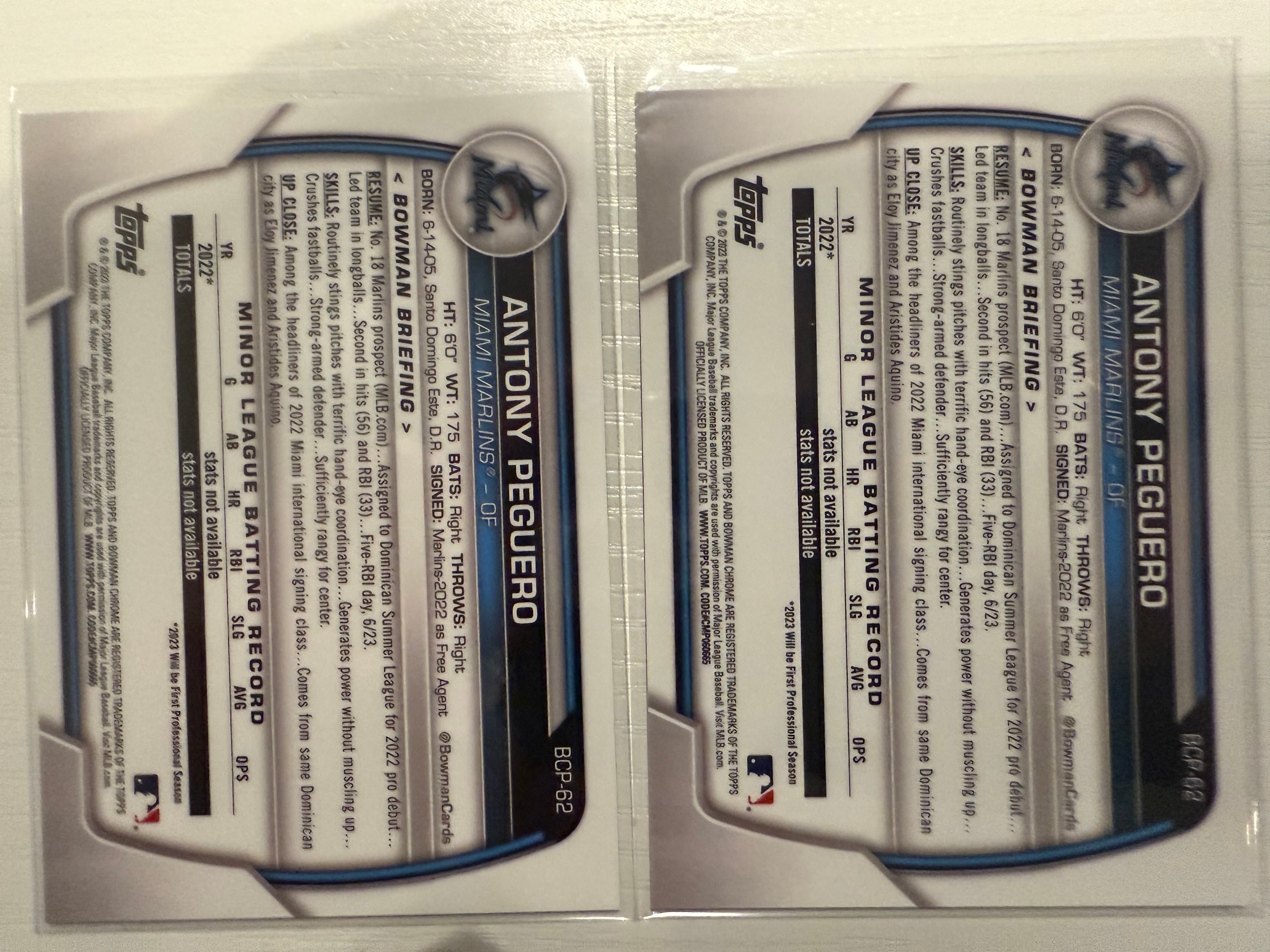 Antony Peguero Blue /150 Purple /250 2 Card Lot back