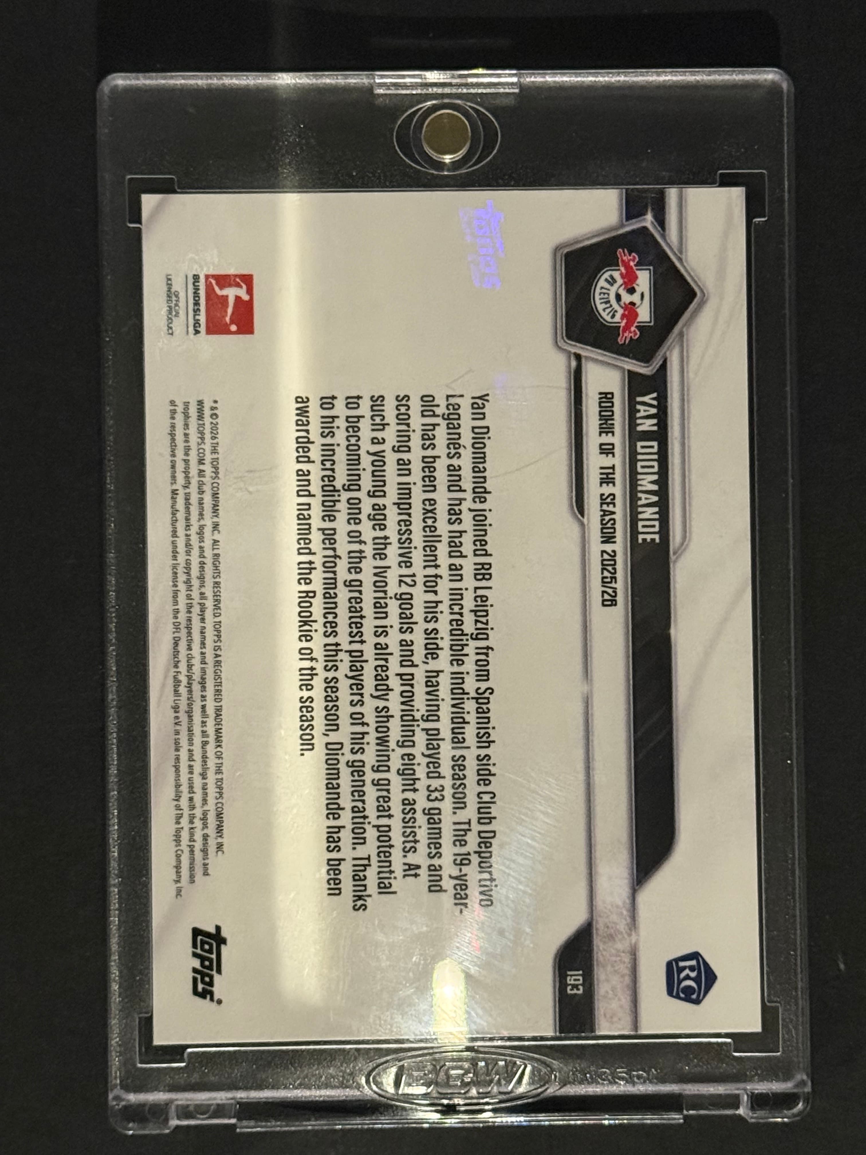 2025-26 Topps NOW Bundesliga Yan Diomande RC Rookie of Season #193 Gold 47/50 back