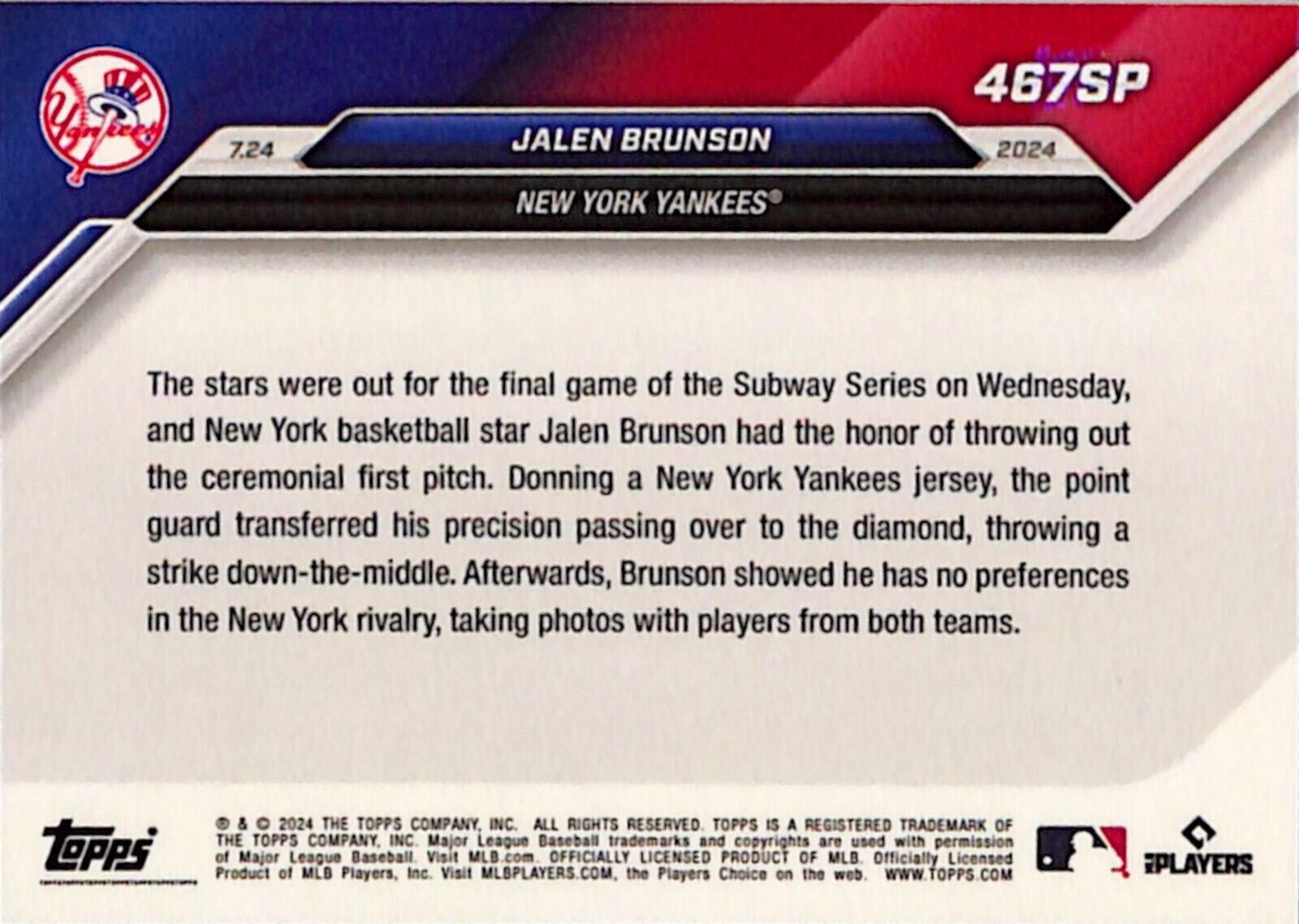 2024 Topps Now Jalen Brunson/Aaron Judge Rainbow Foil #467SP Knicks Yankees